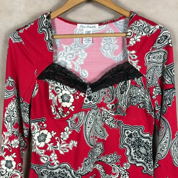 LINEA DONATELLA Red Paisley Lace Trim Pajama Shirt Size Medium - Picture 6 of 10